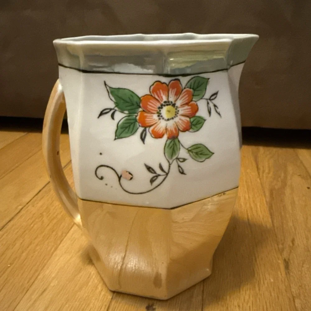 Vintage Made in Japan Lusterware Pitcher Floral Landscape Octagonal Porcelain
